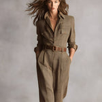 Women's Brown Sophisticated Tweed - Texture Plaid Utility Jumpsuit