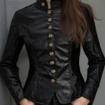 Retro Stand Collar Metal Button Pu Jacket