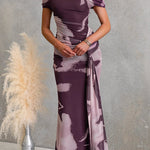 Asymmetrical Shoulder Draped Front Printed Maxi Dress