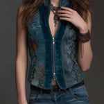 Deep Teal Velvet Zip-Front Vest Top