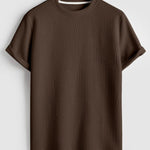 Geometric jacquard round neck short sleeved T-shirt-COFFEE