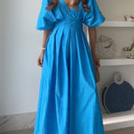 Elegant V Neck High Waist Ruched Swing Maxi Dress
