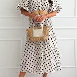 Collared Short Sleeves Button Up Polka Dot Midi Dress