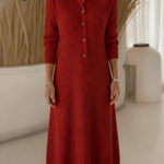 Classic Polo Collar Button Solid Color Knitted Midi Dress