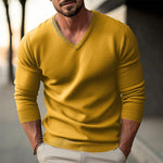 Men's solid color V-neck long-sleeved knitted pullover sweater