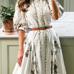 Stand Collar Puff Sleeves Printed Swing Midi Shirt Dress