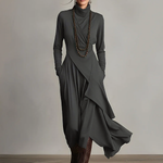 Women's Purple Bohemian Cotton Stretch Turtleneck Asymmetrical Draped Maxi Dress