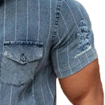 Men's Vintage Stripe Ripped Short Sleeve Denim Shirt