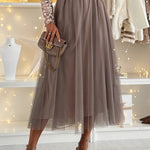 Margovil Solid Elastic Waist Mesh A-line Midi Skirt