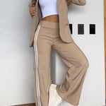 Margovil Color Block Open Front Blazer Elastic Waist Slit Wide Leg Pants Set