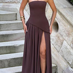 Margovil Strapless Back Lace-up High Slit Splice Maxi Dress