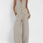 Women's Fashion Solid Color Vest Trousers Collage Stitching Cotton and Linen Casual Suit