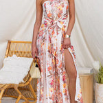 Strapless Bow Waist Floral Print Slit Wide Leg Jumpsuit