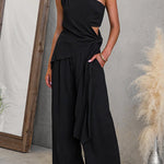 One Shoulder Sleeveless Tie Knot Top High Rise Wide Leg Pants Set