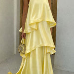 Margovil Adjustable Strap Ruffle Layered Satin Maxi Dress