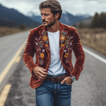 Men's Classic Retro Slim Fit Single Breasted Faux Velvet Embroidered Blazer