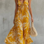 Margovil Spaghetti Strap V Neck Printed Chiffon Maxi Dress
