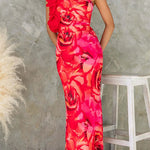 Margovil Ruffle One Shoulder Floral Print Bodycon Maxi Dress