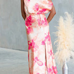 One Shoulder Floral Print Slit Satin Maxi Dress
