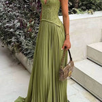 Margovil Halter Neck Back Lace-up Pleated Maxi Dress