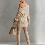 Women's Beige Cable Knit Off-the-Shoulder Fashion Mini Dress