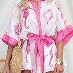 Half Sleeves Button Up Bow Waist Marine Life Print Romper