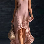 Margovil V Neck Sleeveless High Low Hem Ruffle Maxi Dress