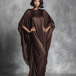 Women's Luxurious Brown Acetate Satin Loose-fitting Long Robe Dress