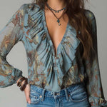 Printed Ruffled Zip-Front Chiffon Blouse – Mist Blue Snake Floral