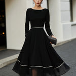 Long Sleeve Contrast Trim Midi Dress With Flared Skirt