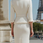 Ivory Fringed Tweed Jacket & Pencil Skirt Two-Piece Set