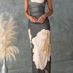 Mockneck Sleeveless Floral Print Bodycon Maxi Dress