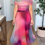 Off Shoulder Sunset Gradient Pleated Maxi Dress