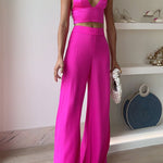 V Neck Crop Cami Top and Slit Wide Leg Pants Two-piece Set