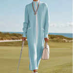 Sporty And Stylish White-trimmed Blue Knit Maxi Dress