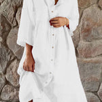 Cotton linen solid color casual stand collar button long dress