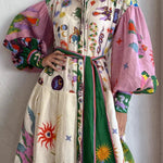 Retro French court style pleated maxi print dress