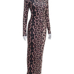 Bodycon Long Sleeves Leopard Printed Round-Neck Maxi Dresses