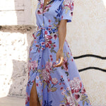 A-Line Loose Buttoned Flower Print Tied Waist Lapel Midi Dresses
