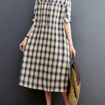 Half Sleeves Loose Plaid Lapel Midi Dresses