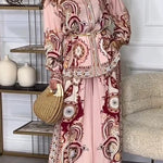 Unique Print Lapel Long Sleeve Tie Waist Shirt and Elastic Waist Pocket Wide Leg Pants Set