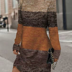 Long Sleeves Loose Contrast Color Printed Split-Joint Round-Neck Midi Dresses
