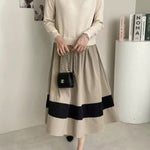 A-Line Long Sleeves Pleated Split-Joint Round-Neck Midi Dresses