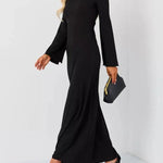 Long Sleeves Pleated Ruffled Solid Color Split-Joint Round-Neck Maxi Dresses