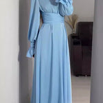 A-Line Long Sleeves Pleated Solid Color Tied Waist Zipper Mock Neck Maxi Dresses