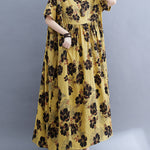 Loose Short Sleeves Pleated Printed Split-Joint Round-Neck Midi Dresses
