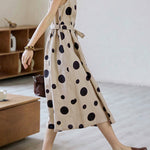Loose Sleeveless Contrast Color Pleated Polka-Dot Split-Joint Tied Waist Round-Neck Midi Dresses