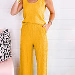 Yellow Crinkled U Neck Tank and Wide Leg Pants Set