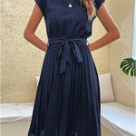 A-Line Loose Pleated Solid Color Tied Waist Round-Neck Midi Dresses
