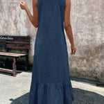 A-Line Loose Pleated Ruffle Trim Solid Color V-Neck Maxi Dresses